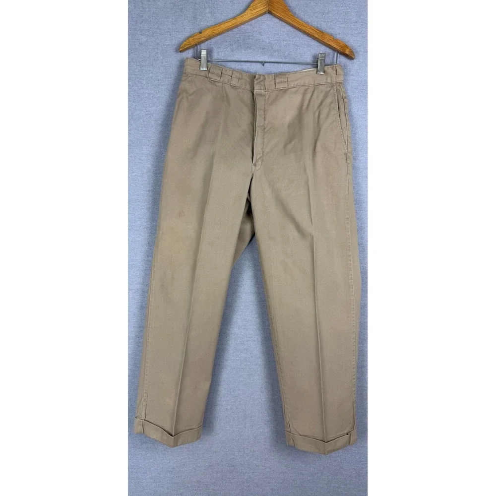 Vintage Khaki Chino Trousers Sanforized Talon Zip Cuffed Workwear Pants‎ 31x26.5
